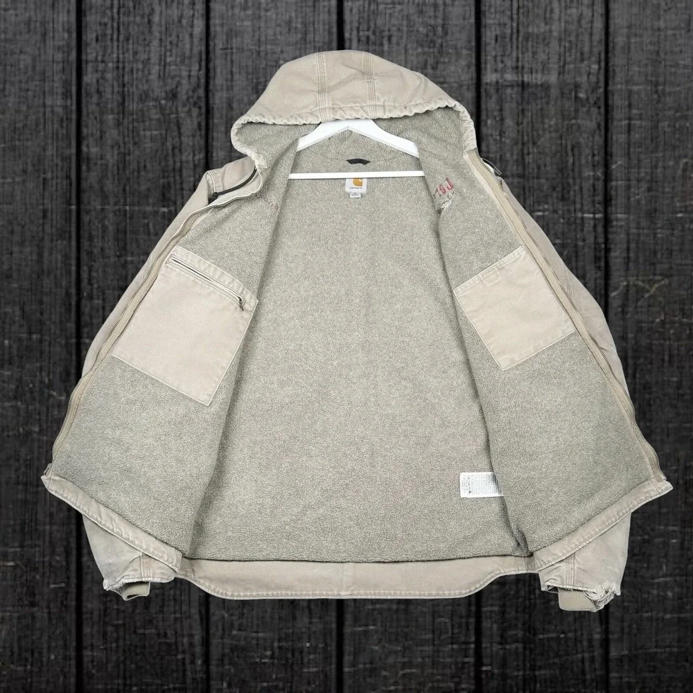 Carhartt J141-266 Sherpa Lined Hooded Detroit Jacket - Tan XL Tall - Distressed